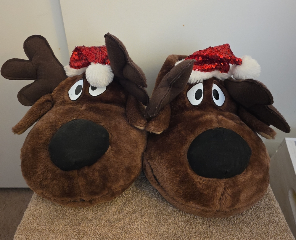 Macy's Brown Reindeer Slippers with Red Accents